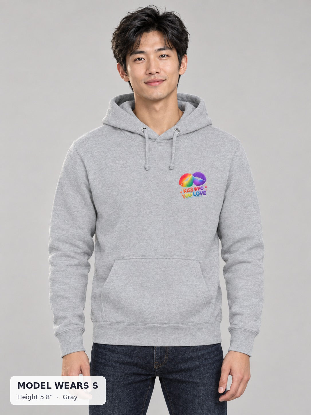 Kiss Who You Love Hoodie in Gray on a slim model wearing size S, 5'8" - Good Trouble Fashion