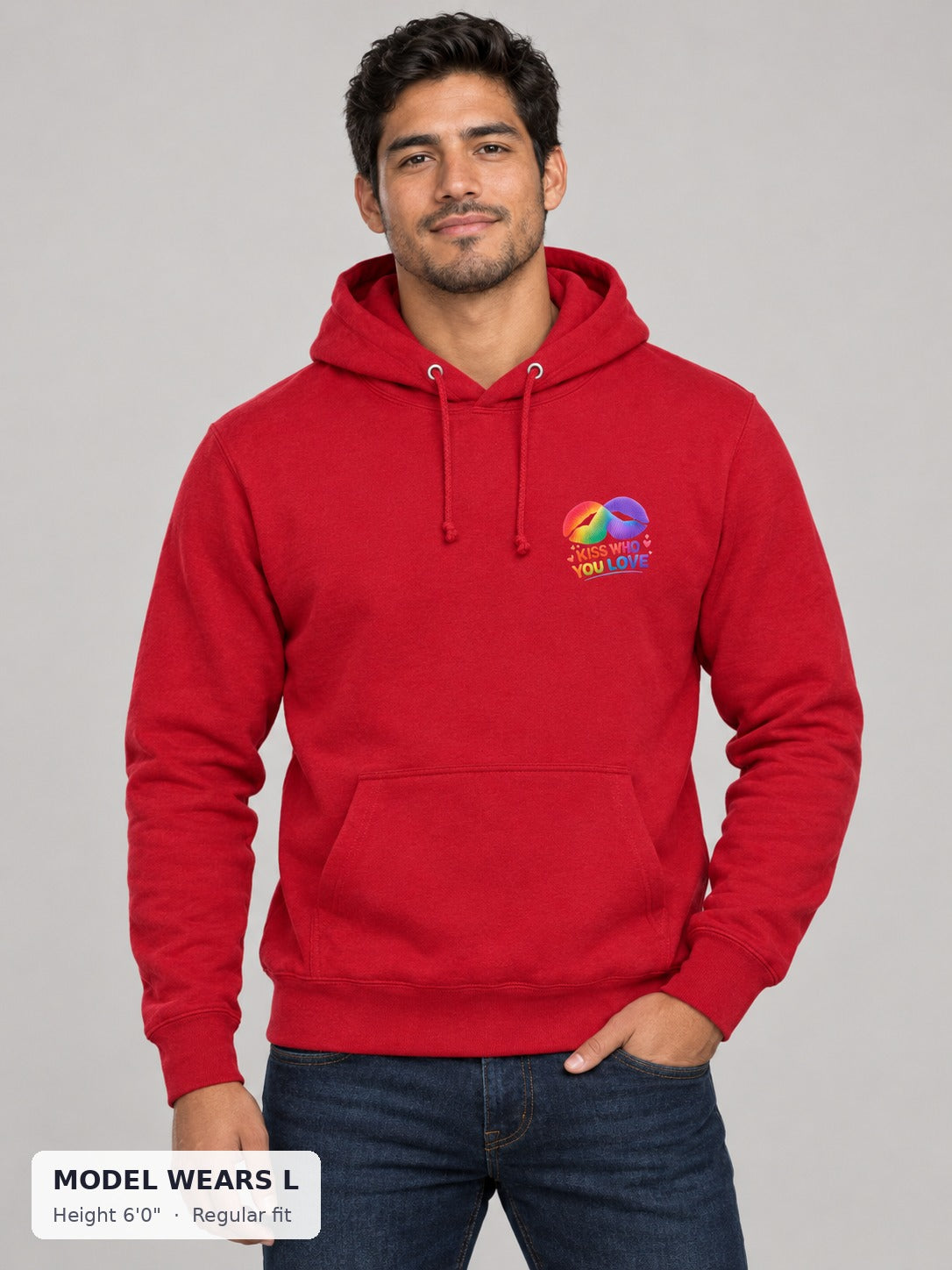 Kiss Who You Love Hoodie on an athletic model wearing size L, 6'0" - Good Trouble Fashion