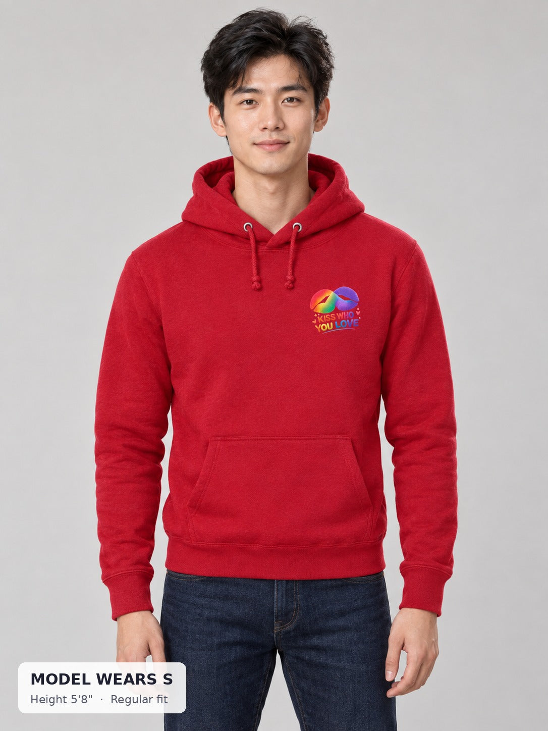 Kiss Who You Love Hoodie on a slim model wearing size S, 5'8" - Good Trouble Fashion