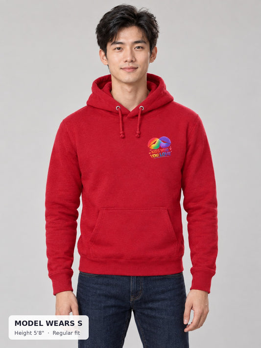 Kiss Who You Love Hoodie on a slim model wearing size S, 5'8" - Good Trouble Fashion