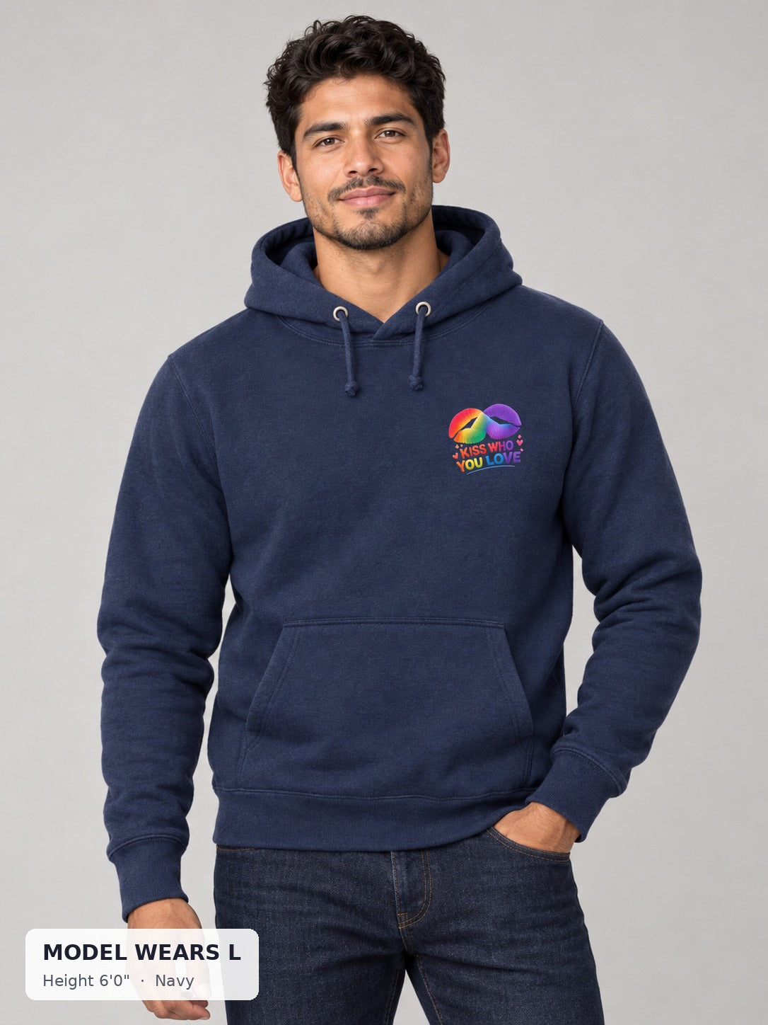 Kiss Who You Love Hoodie in Navy on an athletic model wearing size L, 6'0" - Good Trouble Fashion