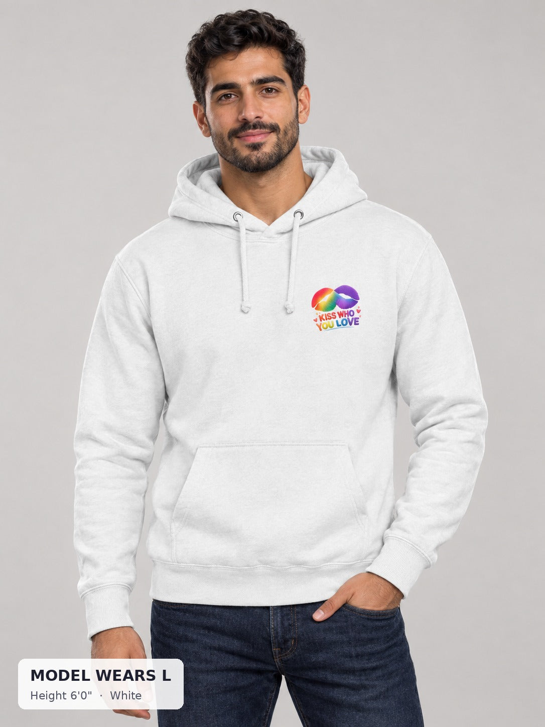 Kiss Who You Love Hoodie in White on an athletic model wearing size L, 6'0" - Good Trouble Fashion