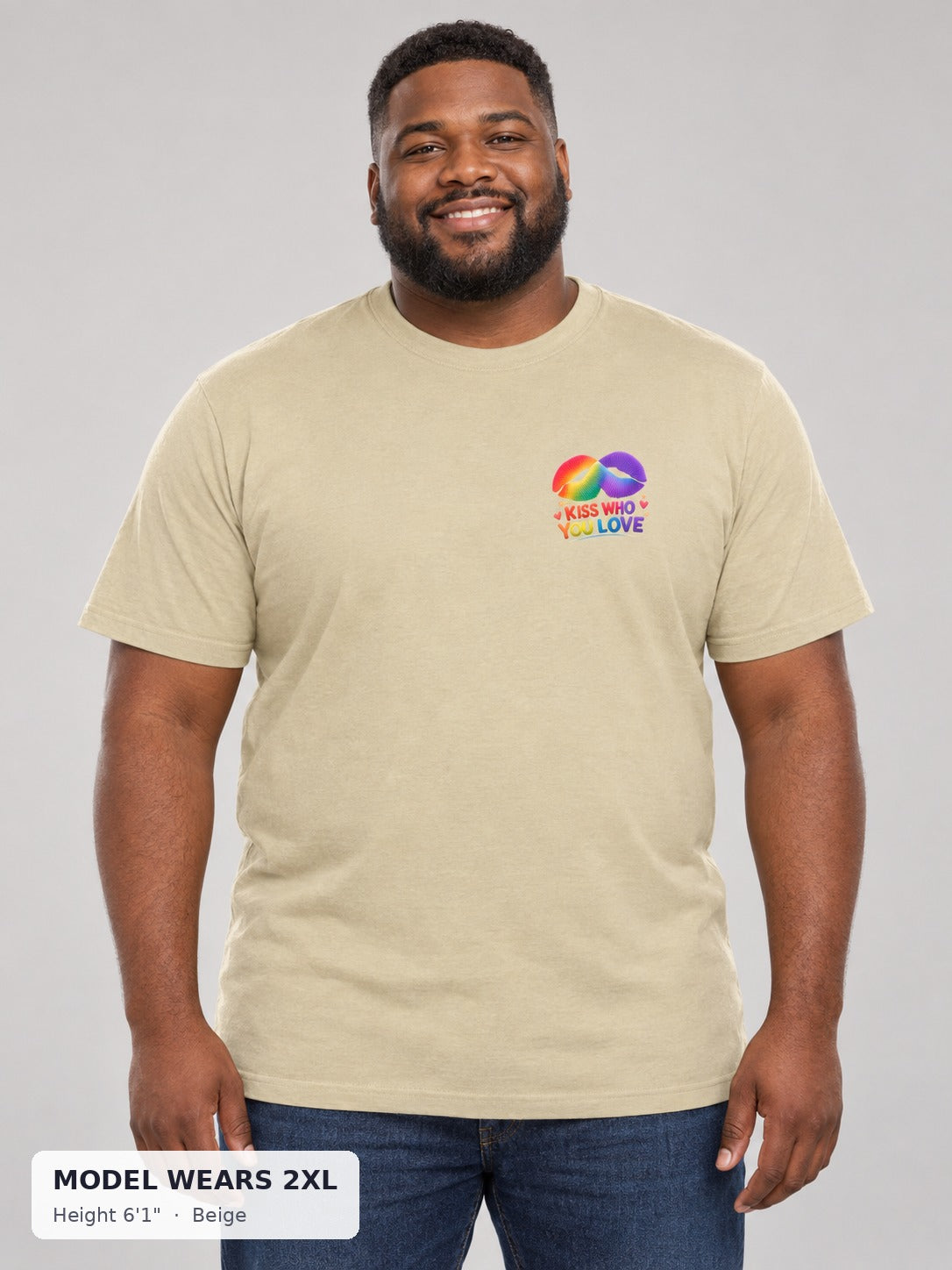 Kiss Who You Love Tee in Beige on a plus-size model wearing size 2XL, 6'1" - Good Trouble Fashion