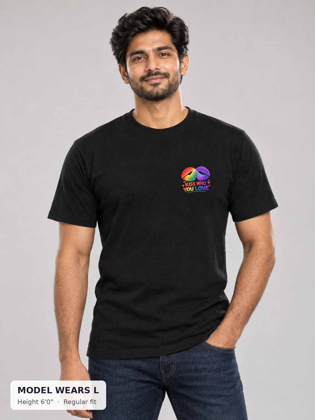 Kiss Who You Love Tee on an athletic model wearing size L, 6'0" - Good Trouble Fashion