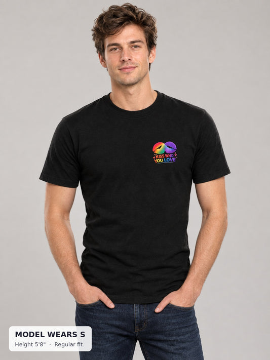 Kiss Who You Love Tee on a slim model wearing size S, 5'8" - Good Trouble Fashion