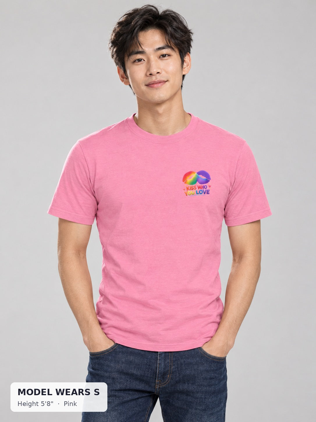 Kiss Who You Love Tee in Pink on a slim model wearing size S, 5'8" - Good Trouble Fashion