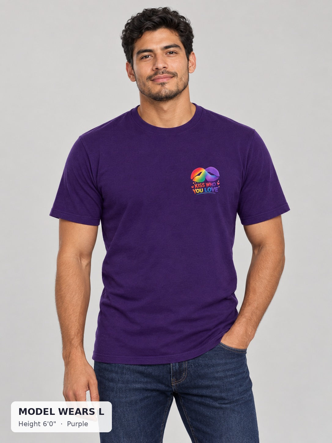 Kiss Who You Love Tee in Purple on an athletic model wearing size L, 6'0" - Good Trouble Fashion