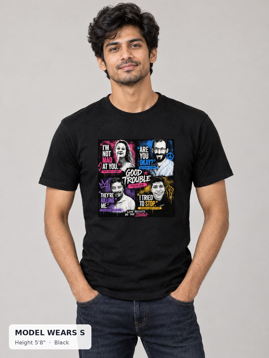 Last Words Tee in Black on a slim model wearing size S, 5'8" - Good Trouble Fashion