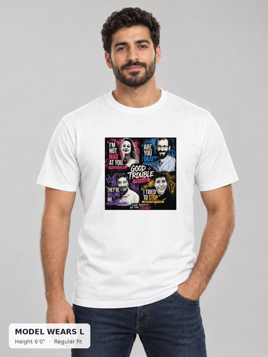 Last Words Tee on an athletic model wearing size L, 6'0" - Good Trouble Fashion