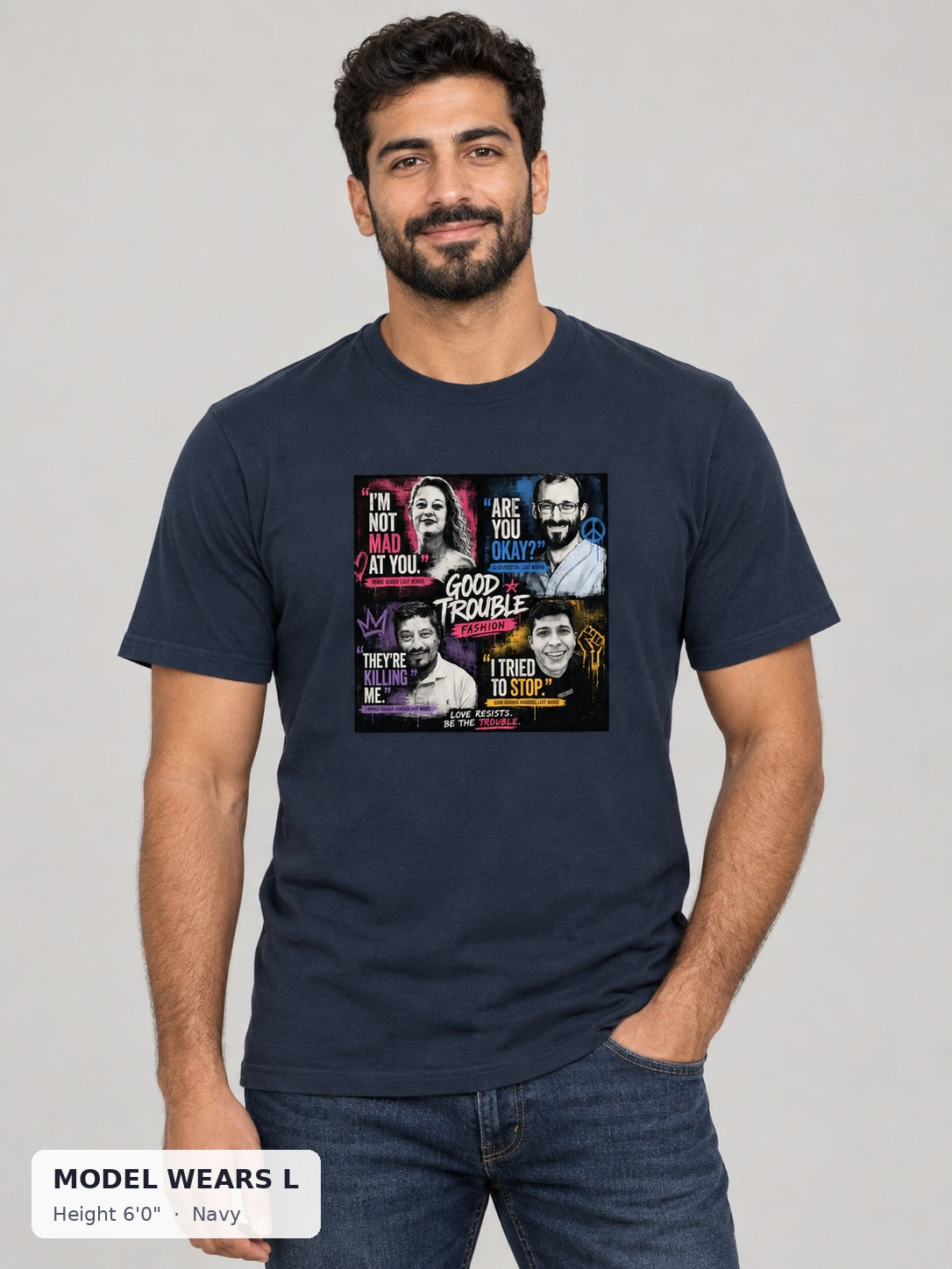 Last Words Tee in Navy on an athletic model wearing size L, 6'0" - Good Trouble Fashion