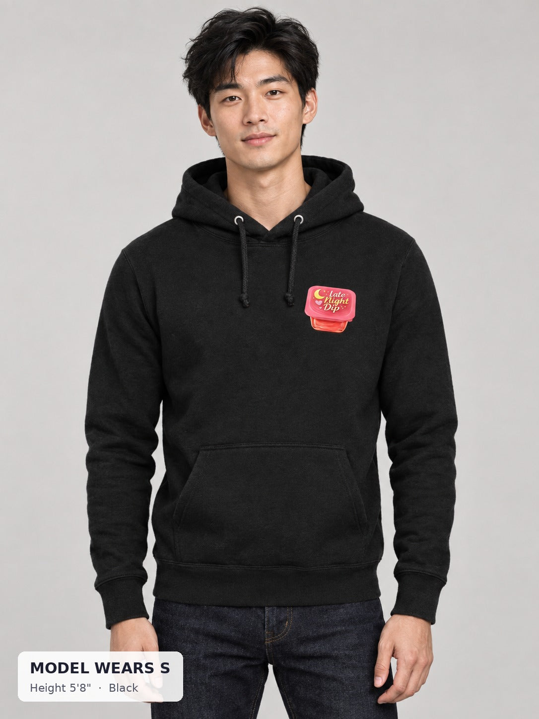 Late Night Dip Hoodie in Black on a slim model wearing size S, 5'8" - Good Trouble Fashion
