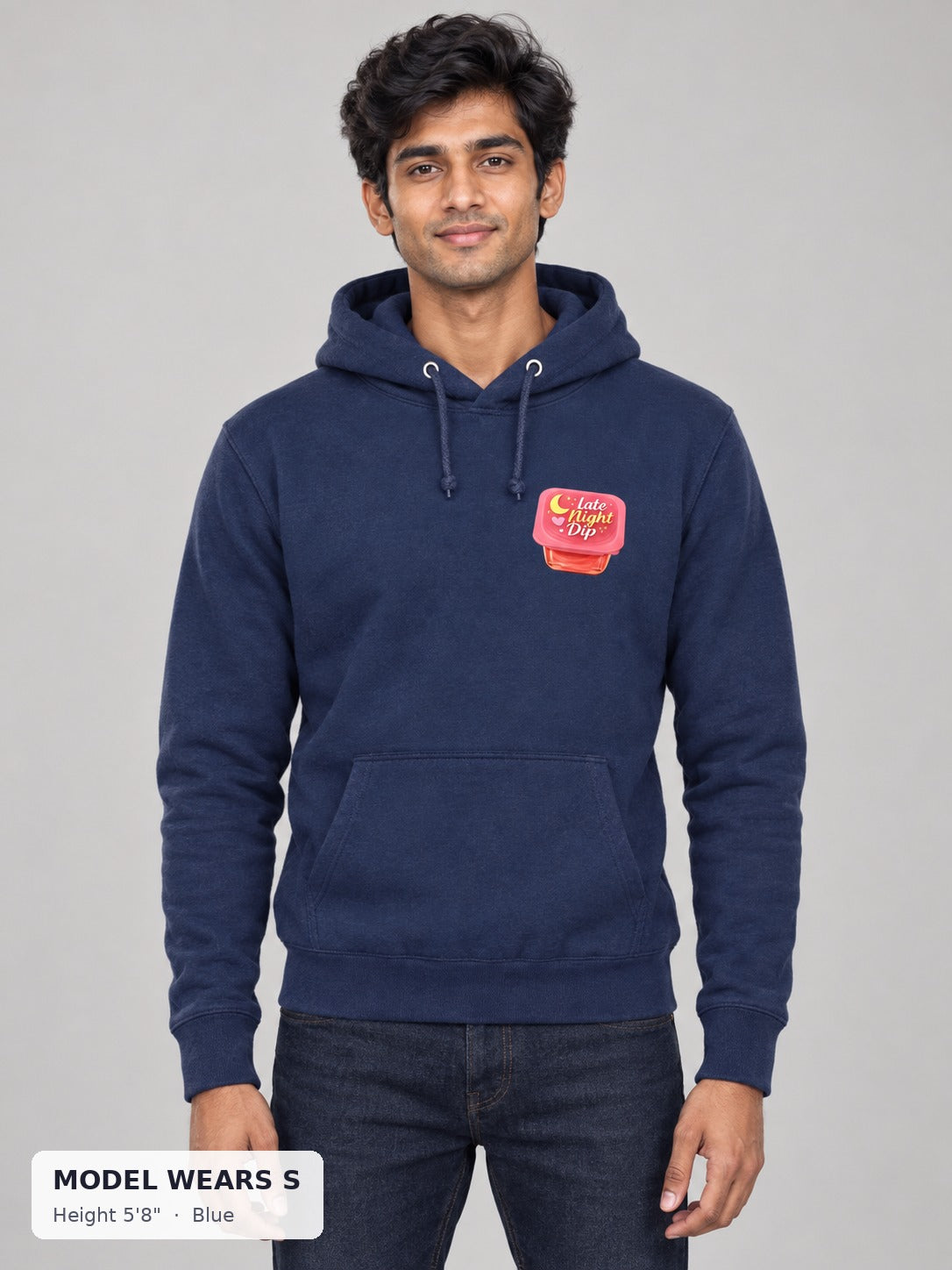 Late Night Dip Hoodie in Blue on a slim model wearing size S, 5'8" - Good Trouble Fashion
