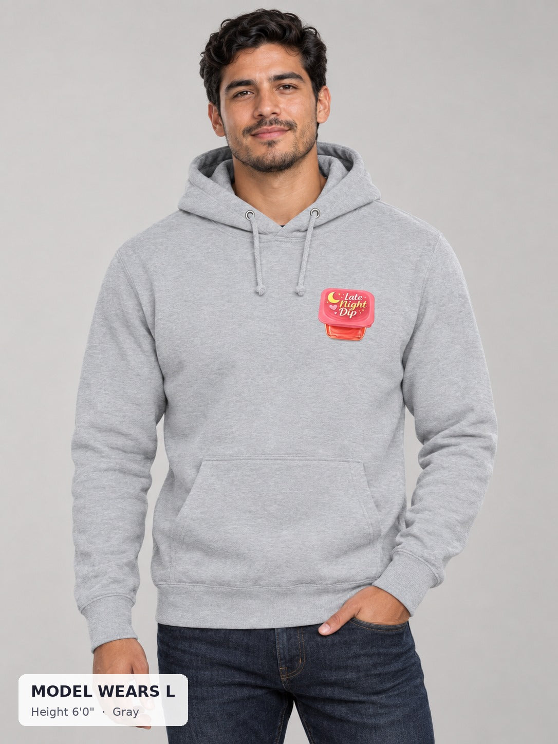 Late Night Dip Hoodie in Gray on an athletic model wearing size L, 6'0" - Good Trouble Fashion
