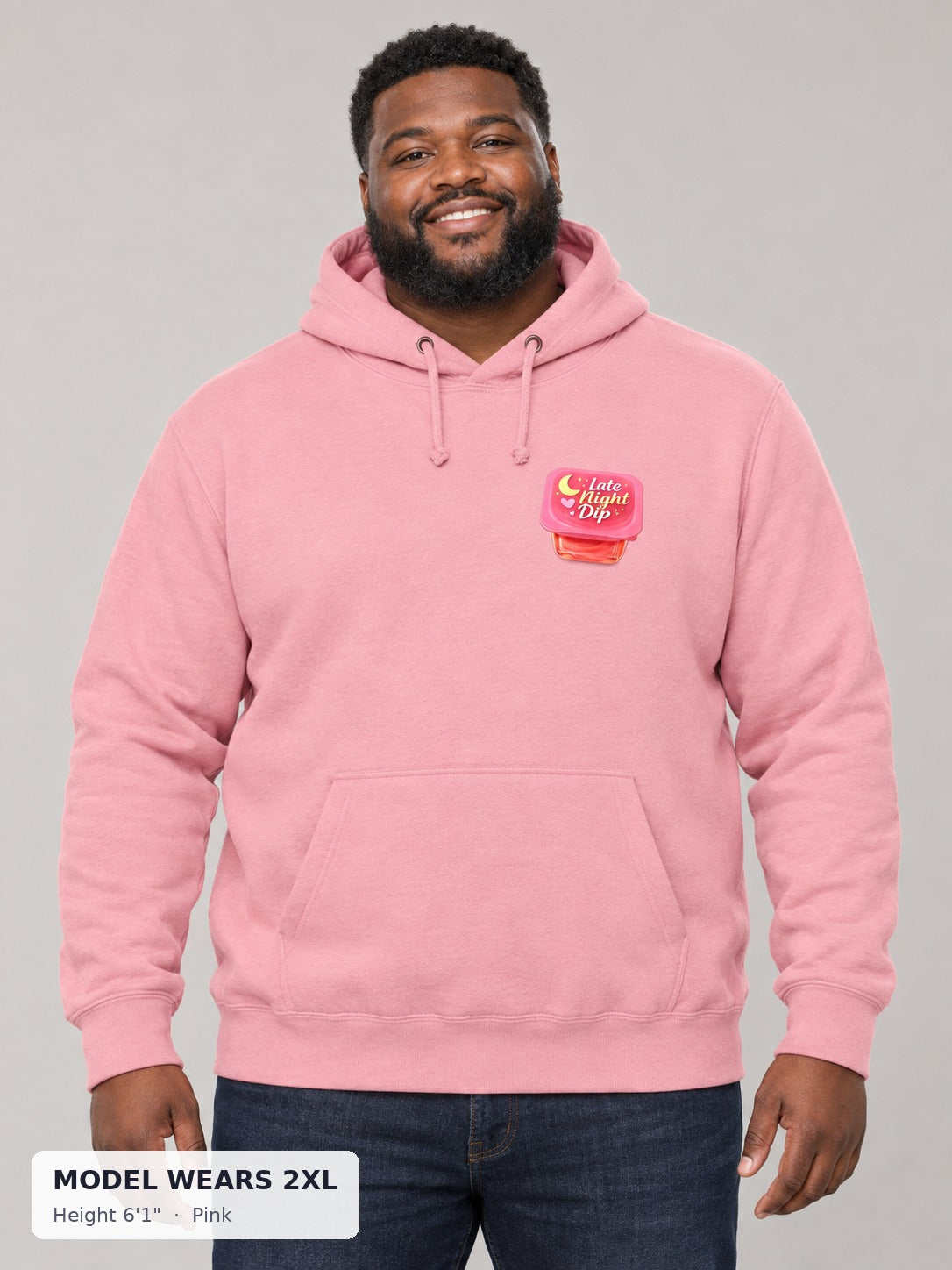 Late Night Dip Hoodie in Pink on a plus-size model wearing size 2XL, 6'1" - Good Trouble Fashion