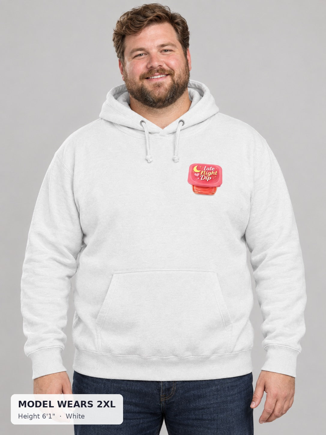 Late Night Dip Hoodie in White on a plus-size model wearing size 2XL, 6'1" - Good Trouble Fashion