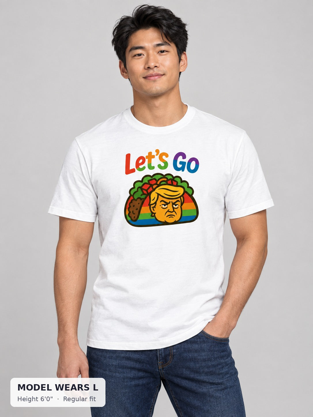 Let's Go Taco Pride Tee on an athletic model wearing size L, 6'0" - Good Trouble Fashion
