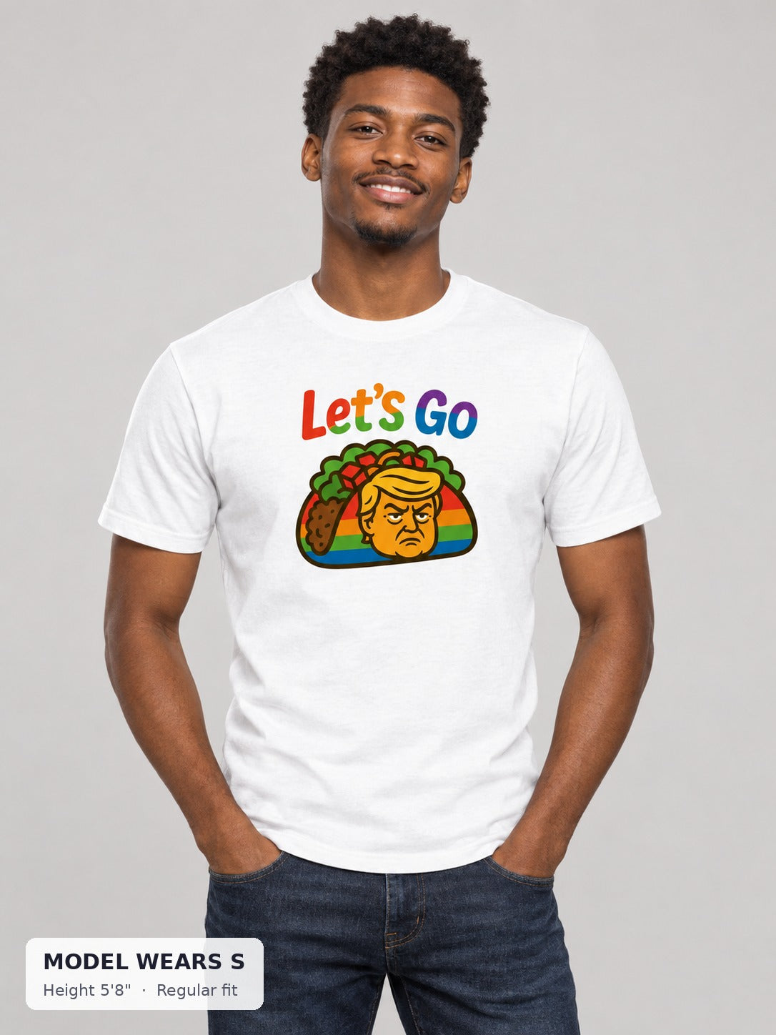 Let's Go Taco Pride Tee on a slim model wearing size S, 5'8" - Good Trouble Fashion