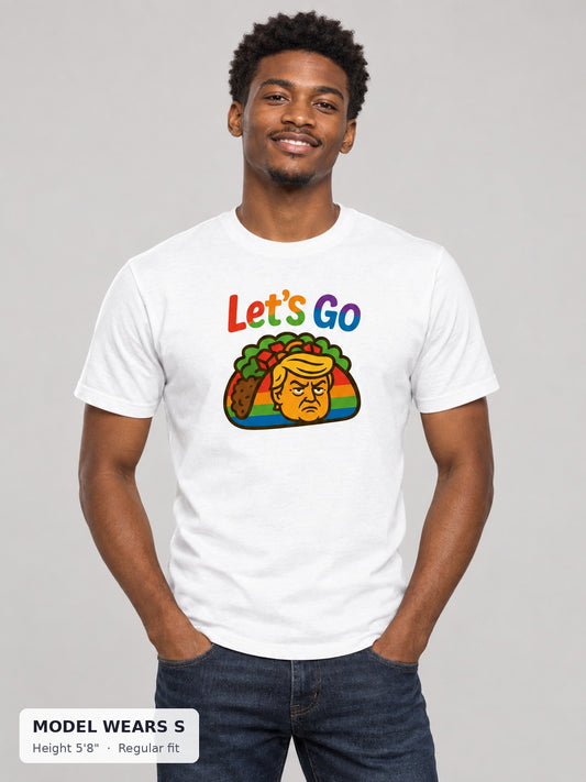 Let's Go Taco Pride Tee on a slim model wearing size S, 5'8" - Good Trouble Fashion