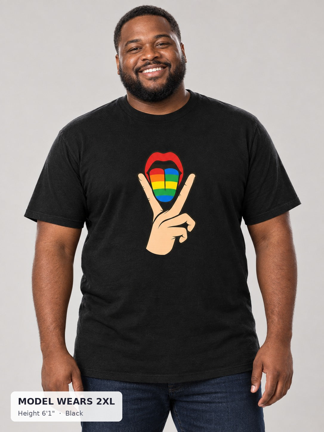 Lick It Pride Tee in Black on a plus-size model wearing size 2XL, 6'1" - Good Trouble Fashion