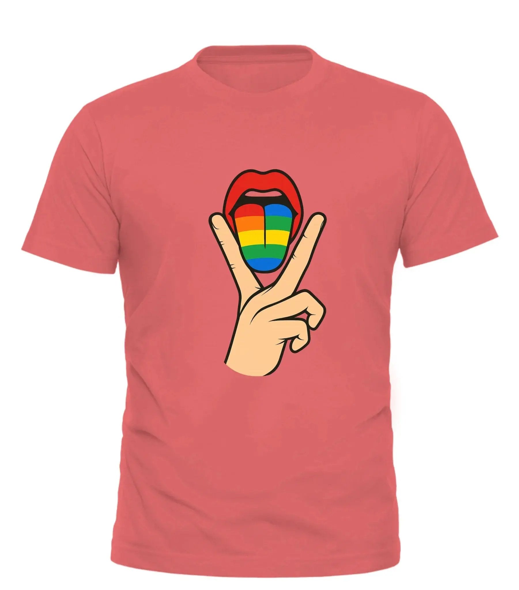 Good Trouble Garments lick it pride tee for adults with rainbow tongue and peace sign graphic on coral shirt