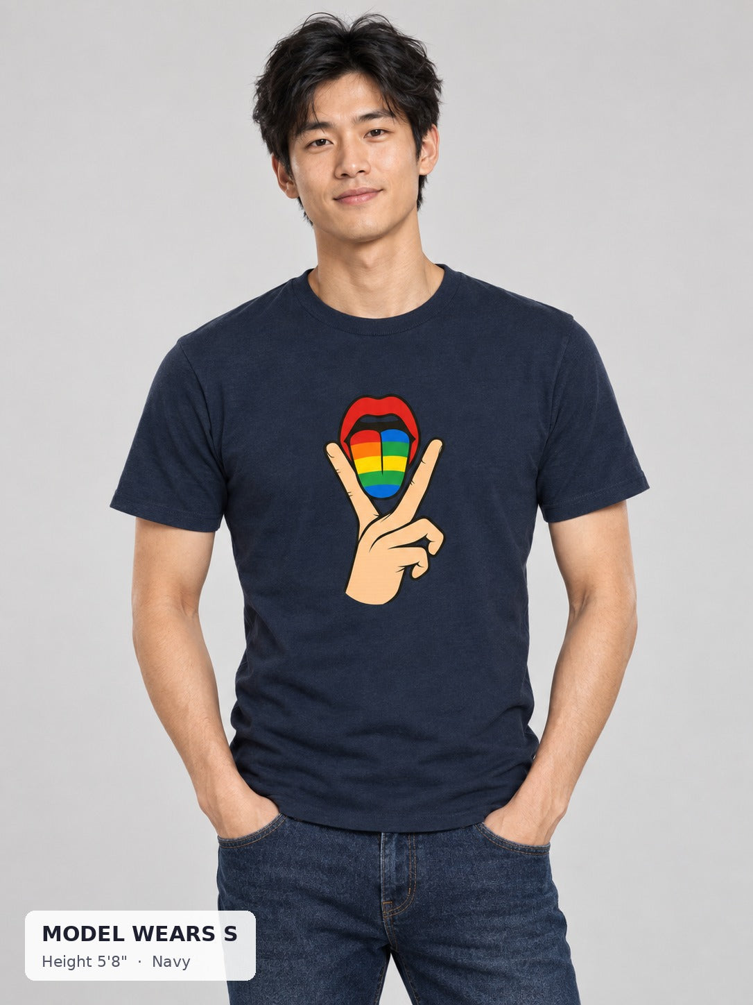 Lick It Pride Tee in Navy on a slim model wearing size S, 5'8" - Good Trouble Fashion