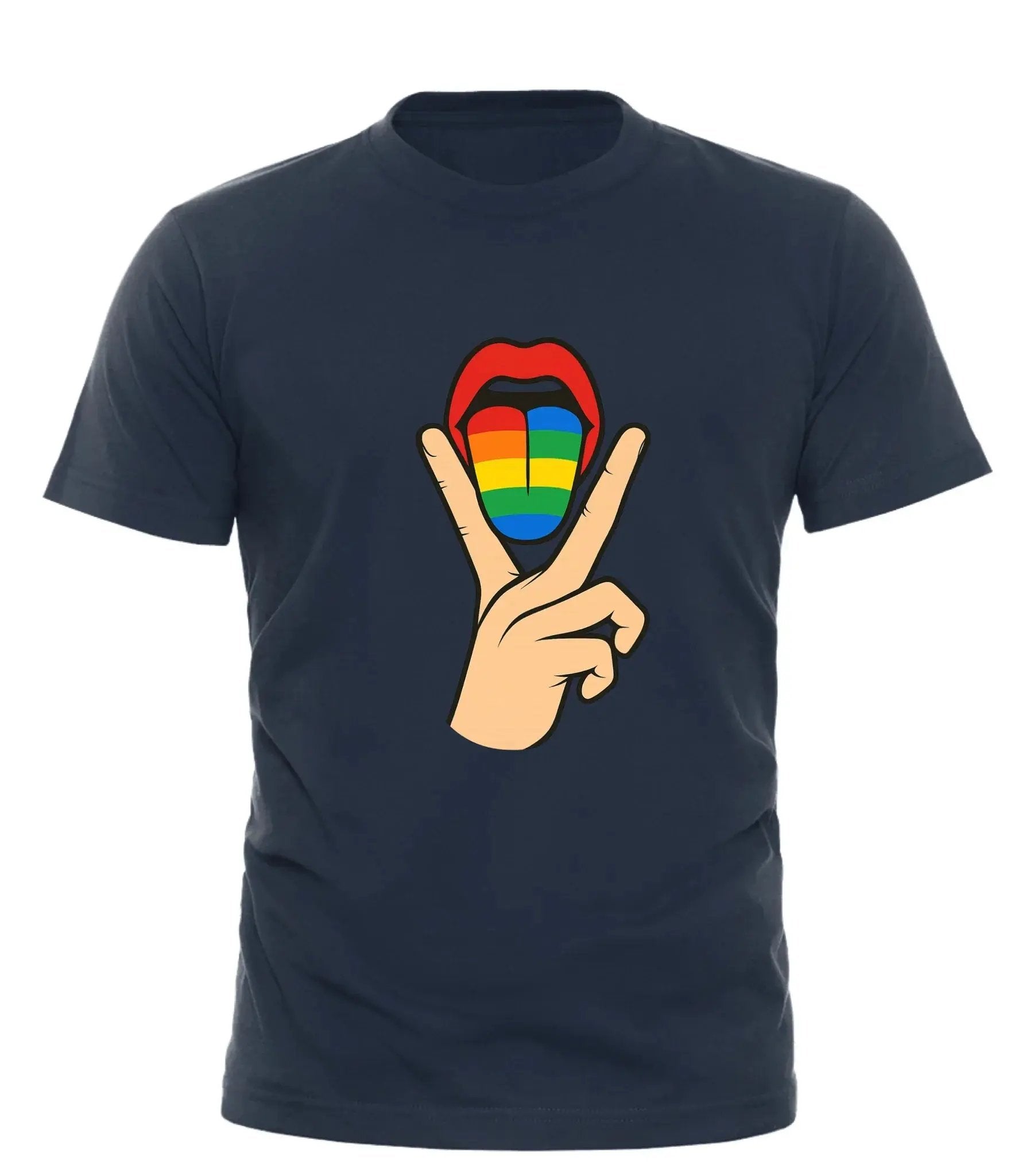 Good Trouble Garments lick it pride tee for adults with rainbow tongue and peace sign hand graphic