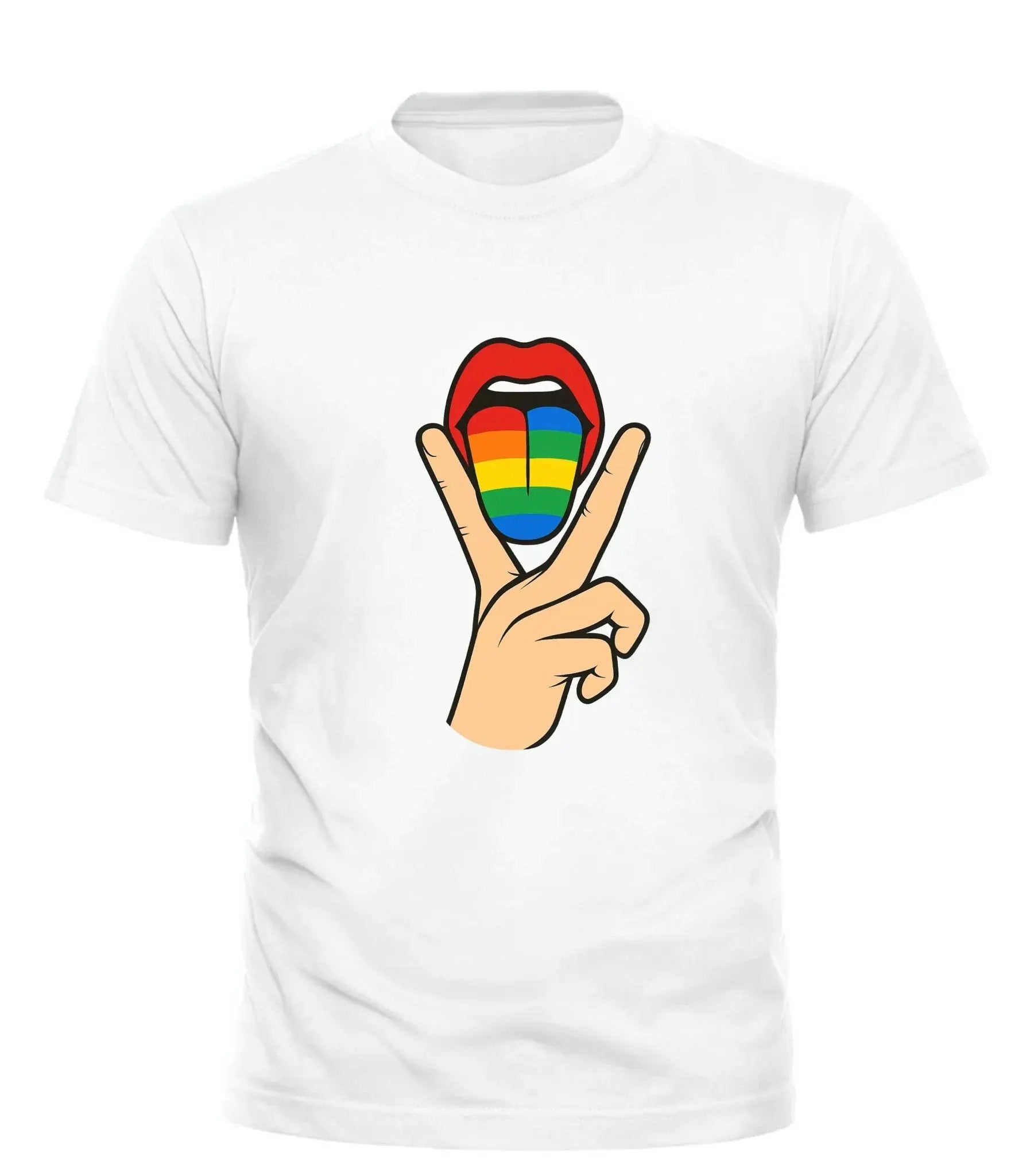 White Good Trouble Garments lick it pride tee for adults with rainbow tongue and peace sign design