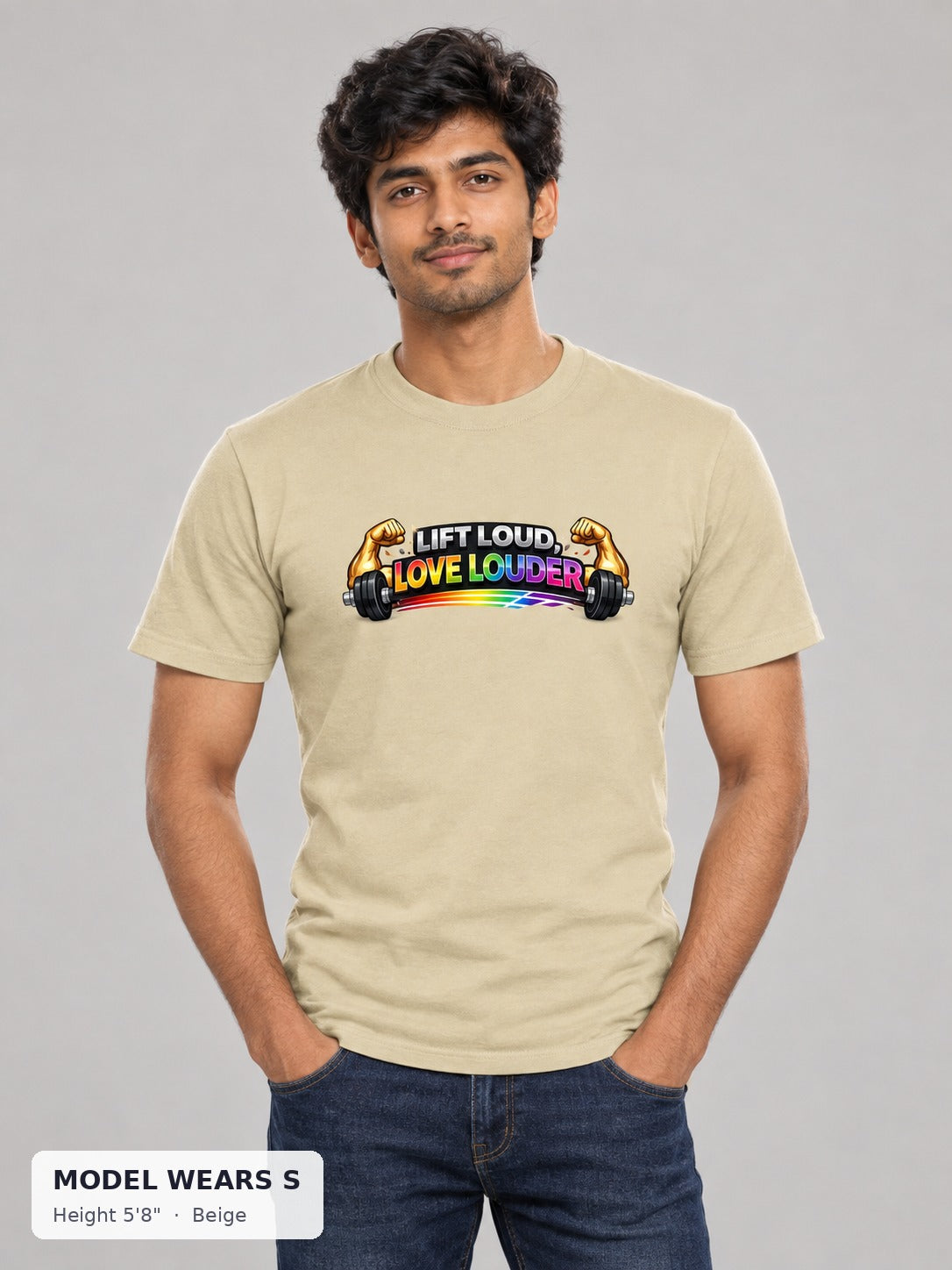 Lift Loud, Love Louder Tee in Beige on a slim model wearing size S, 5'8" - Good Trouble Fashion