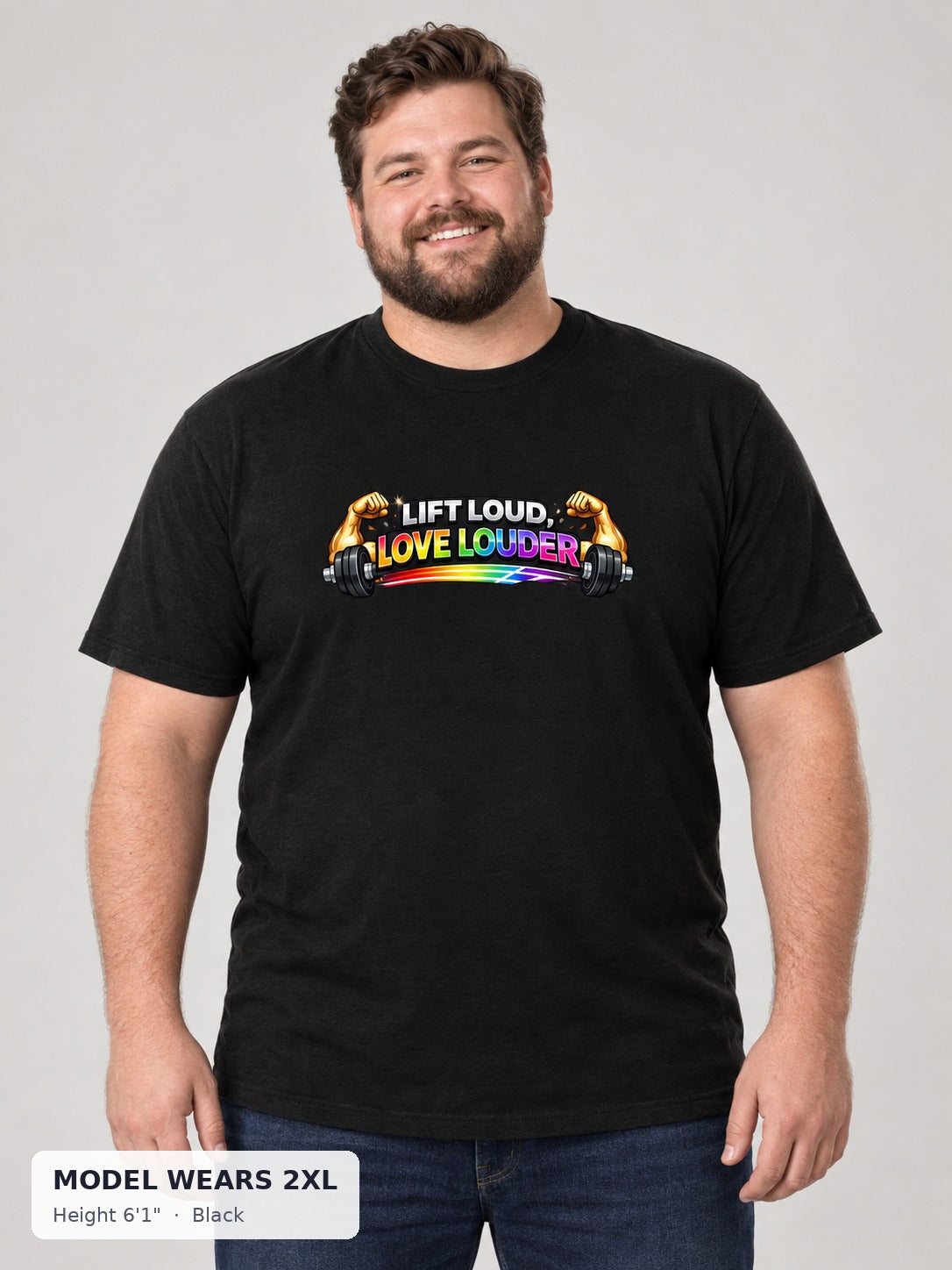 Lift Loud, Love Louder Tee in Black on a plus-size model wearing size 2XL, 6'1" - Good Trouble Fashion