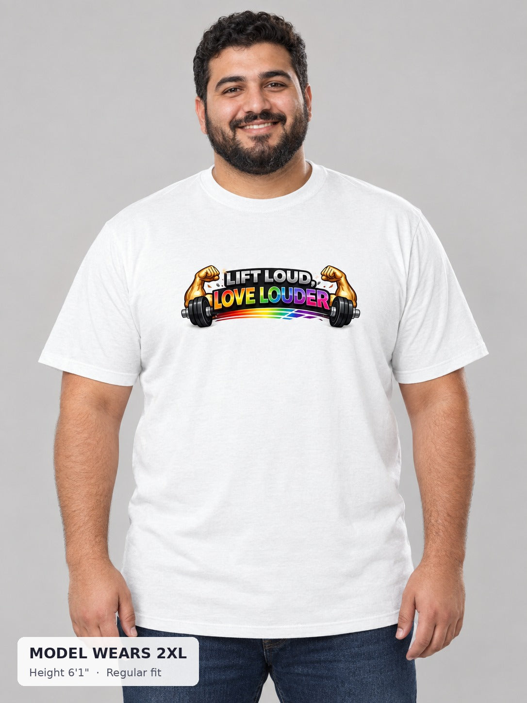 Lift Loud, Love Louder Tee on a plus-size model wearing size 2XL, 6'1" - Good Trouble Fashion