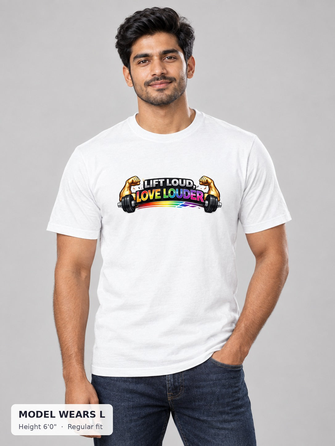 Lift Loud, Love Louder Tee on an athletic model wearing size L, 6'0" - Good Trouble Fashion