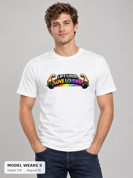 Lift Loud, Love Louder Tee on a slim model wearing size S, 5'8" - Good Trouble Fashion