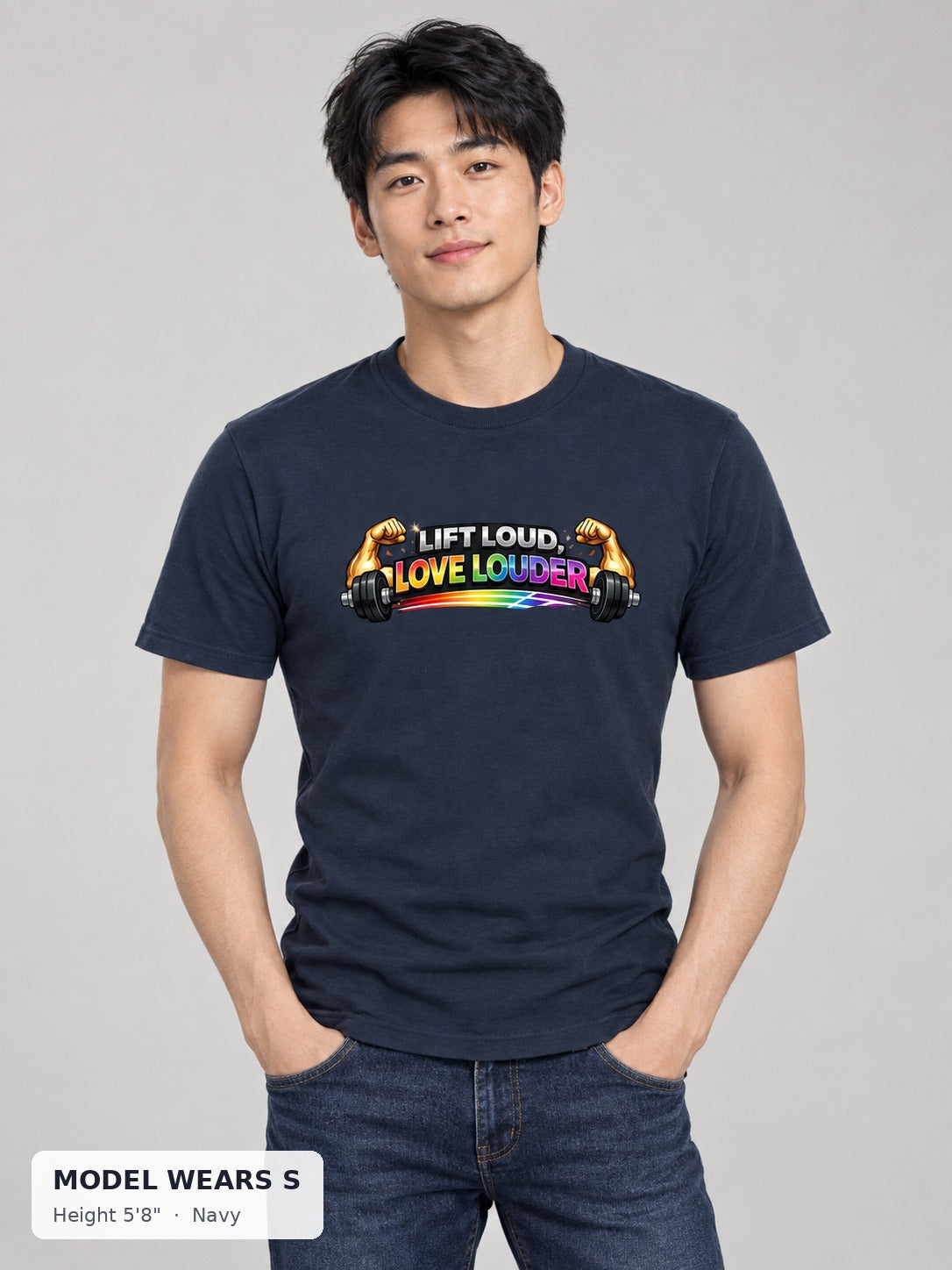 Lift Loud, Love Louder Tee in Navy on a slim model wearing size S, 5'8" - Good Trouble Fashion
