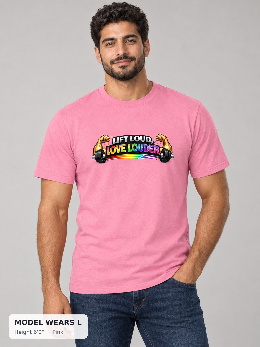 Lift Loud, Love Louder Tee in Pink on an athletic model wearing size L, 6'0" - Good Trouble Fashion