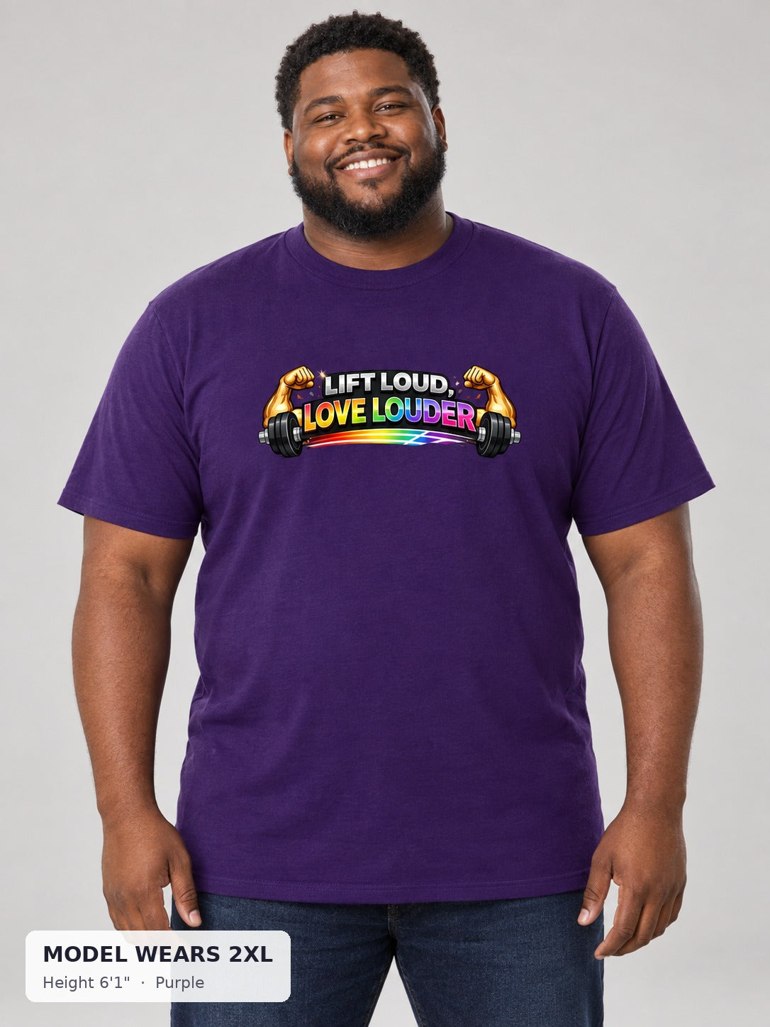 Lift Loud, Love Louder Tee in Purple on a plus-size model wearing size 2XL, 6'1" - Good Trouble Fashion