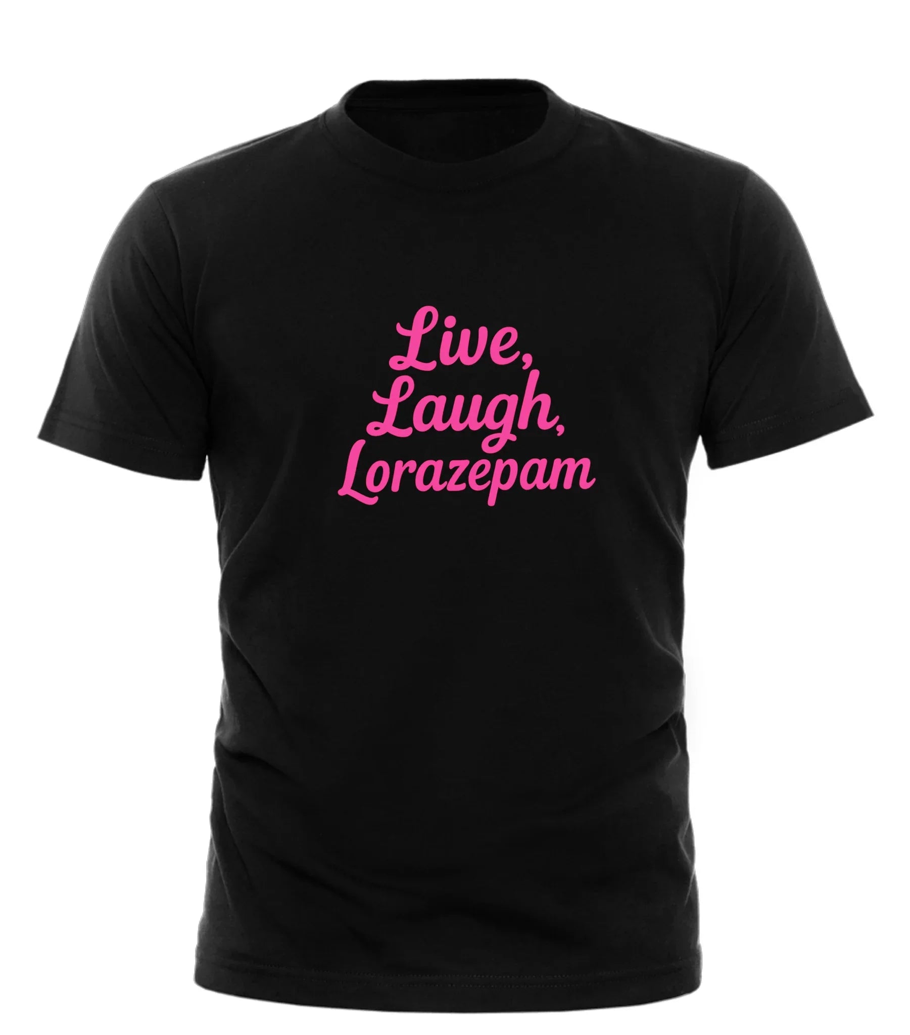 Black Good Trouble Garments live laugh lorazepam tee with pink script text on front