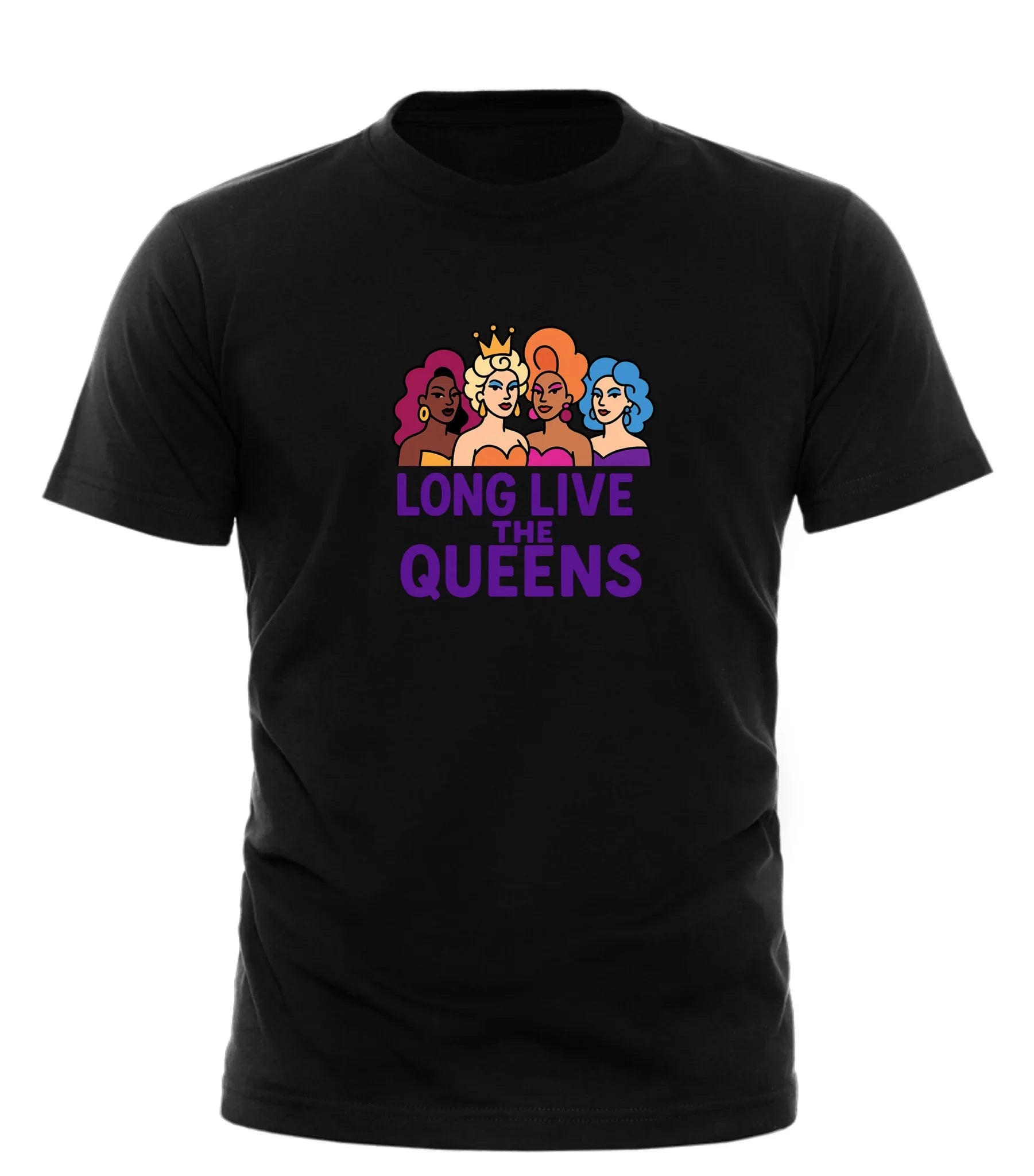 Good Trouble Garments black long live the queens t-shirt with colorful queen illustrations and purple text