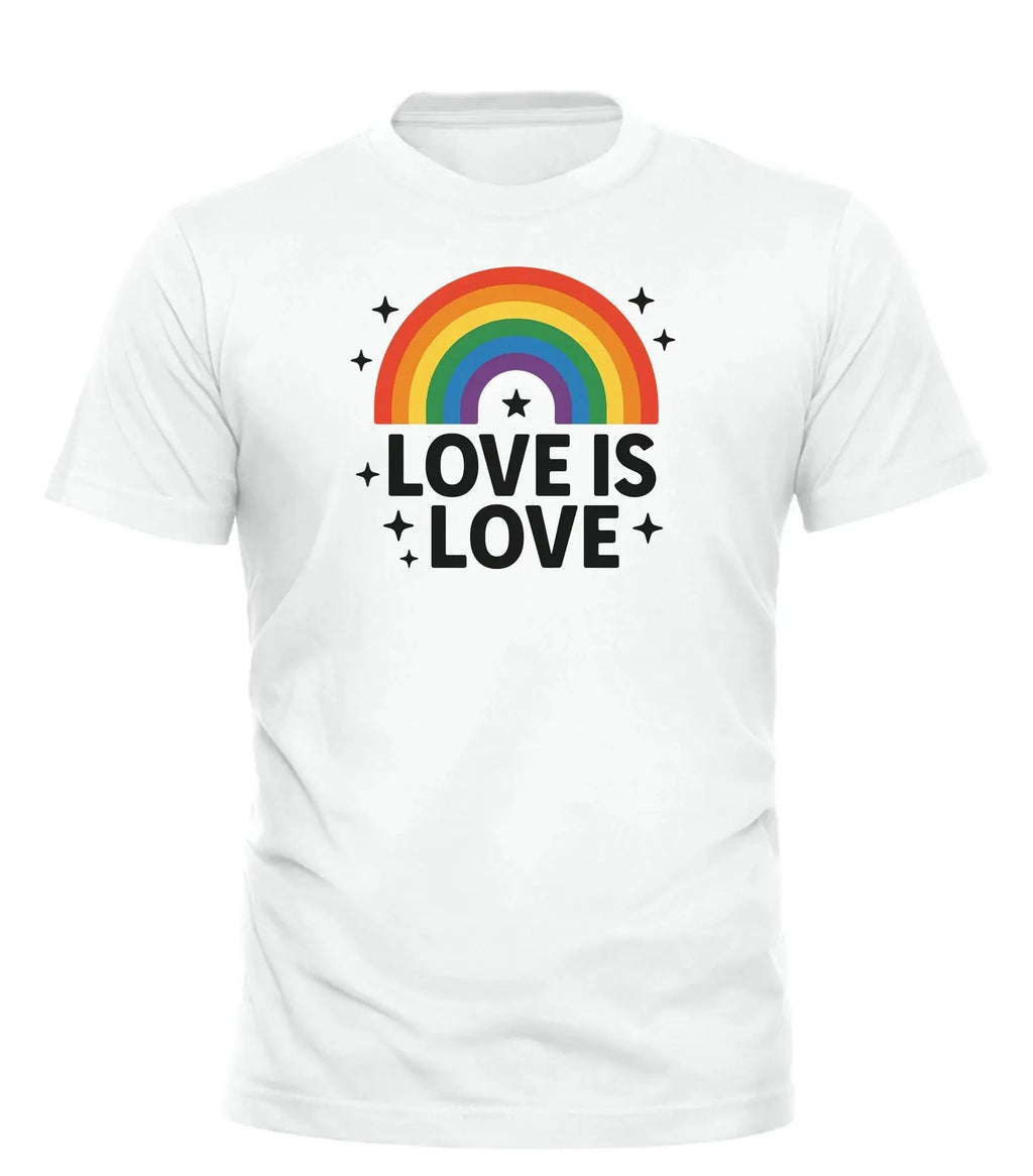 White Good Trouble Garments love is love pride t-shirt with rainbow and black text design