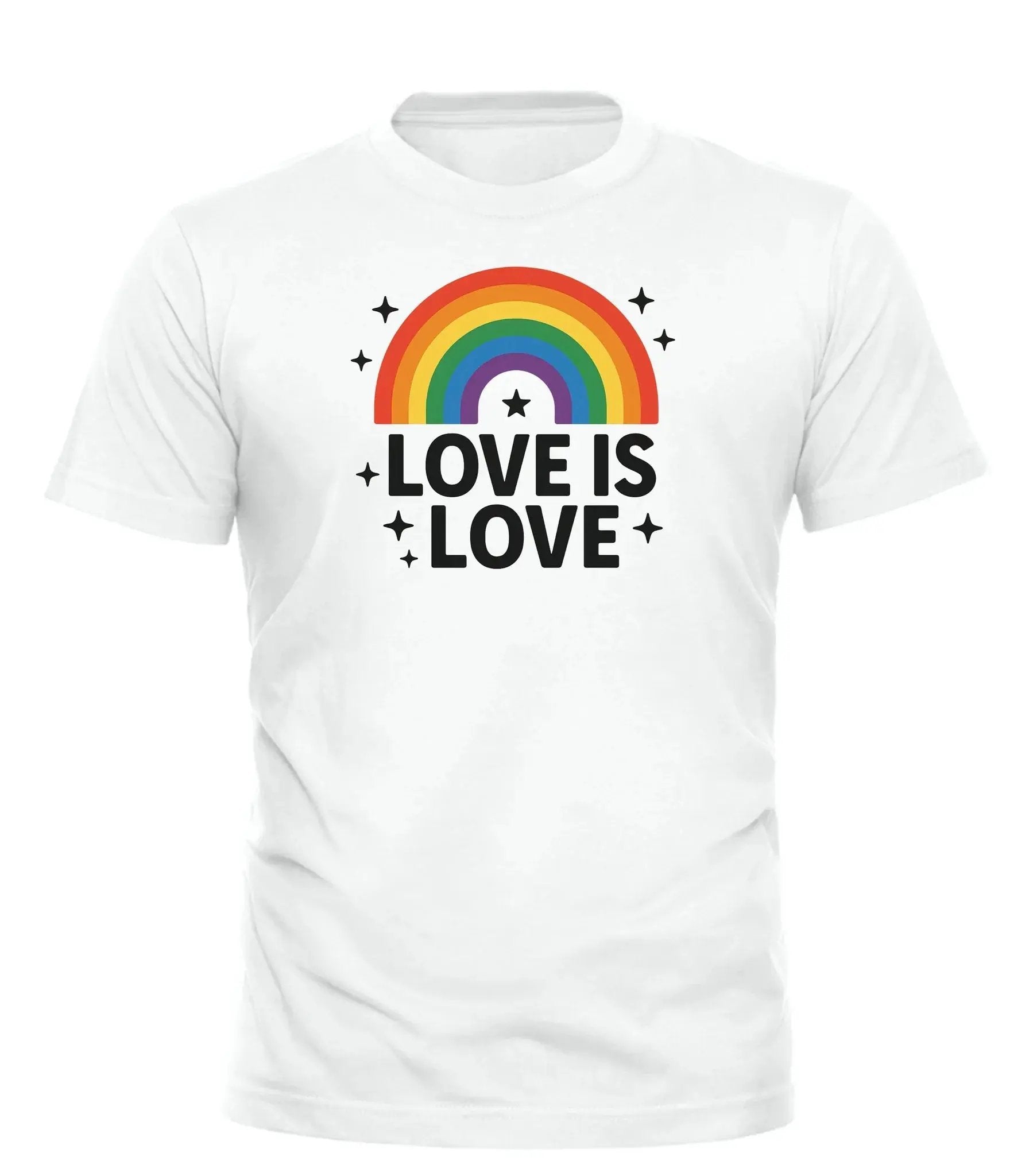 White Good Trouble Garments love is love pride t-shirt with rainbow and black text design