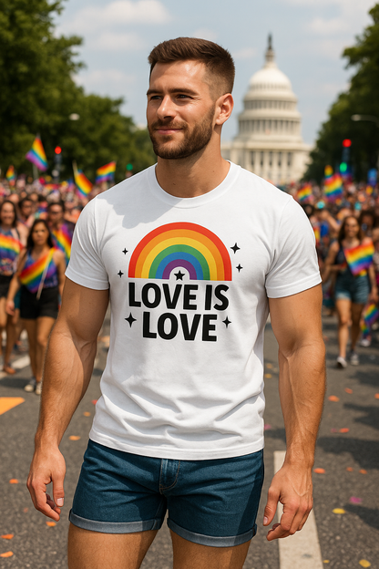 Man wearing Good Trouble Garments love is love pride t-shirt with rainbow graphic at pride parade