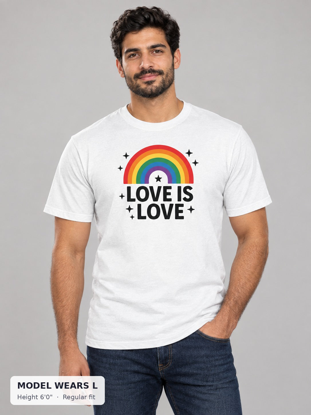Love Is Love Rainbow Arch Tee in White on an athletic model wearing size L, 6'0" - Good Trouble Fashion