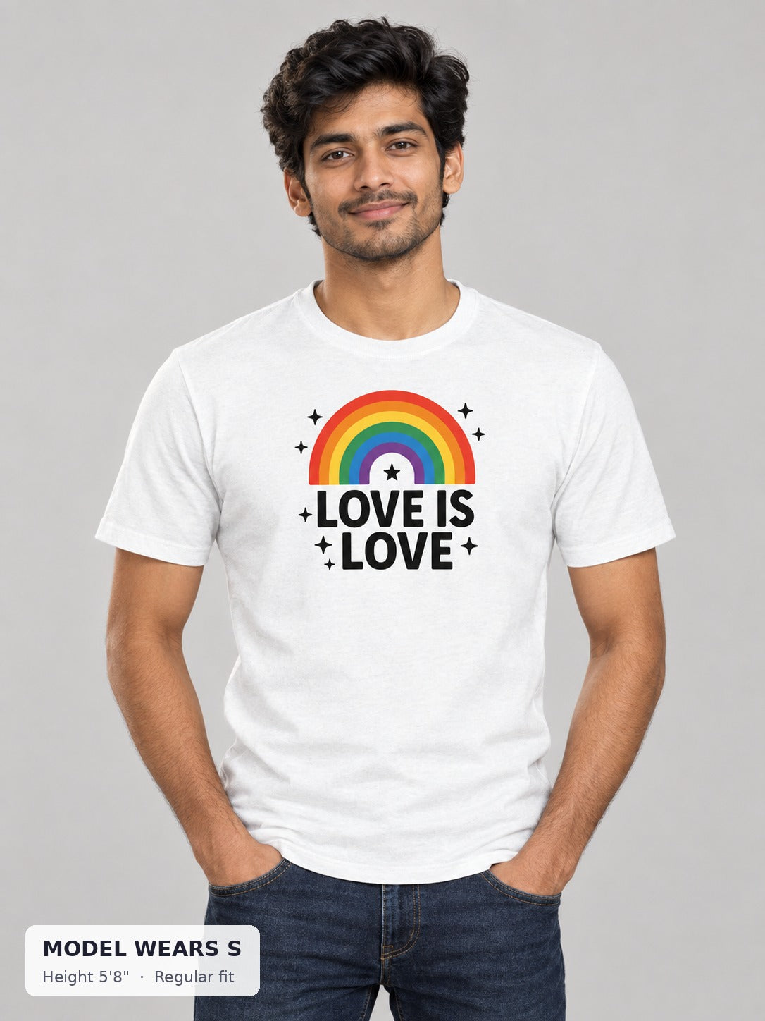Love Is Love Rainbow Arch Tee in White on a slim model wearing size S, 5'8" - Good Trouble Fashion