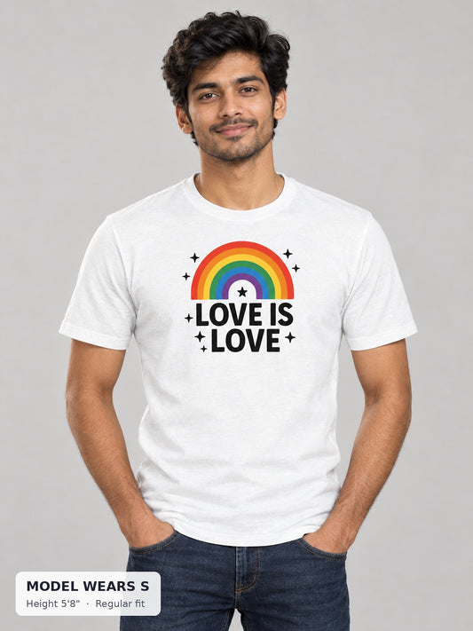 Love Is Love Rainbow Arch Tee in White on a slim model wearing size S, 5'8" - Good Trouble Fashion