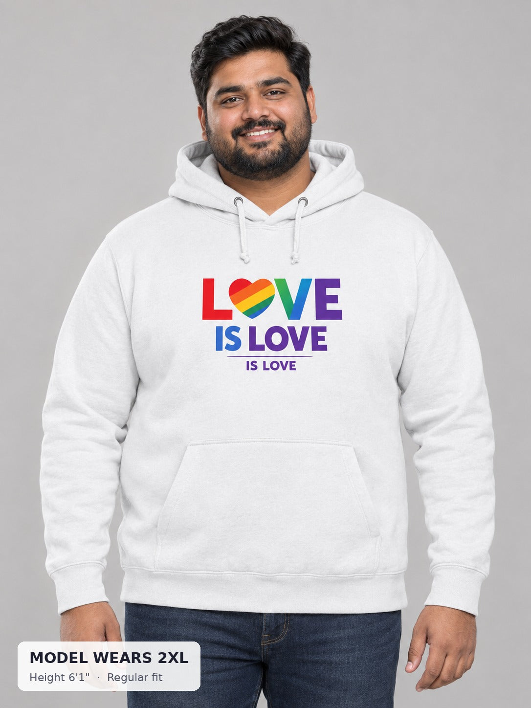 Love Is Love Rainbow Hoodie on a plus-size model wearing size 2XL, 6'1" - Good Trouble Fashion