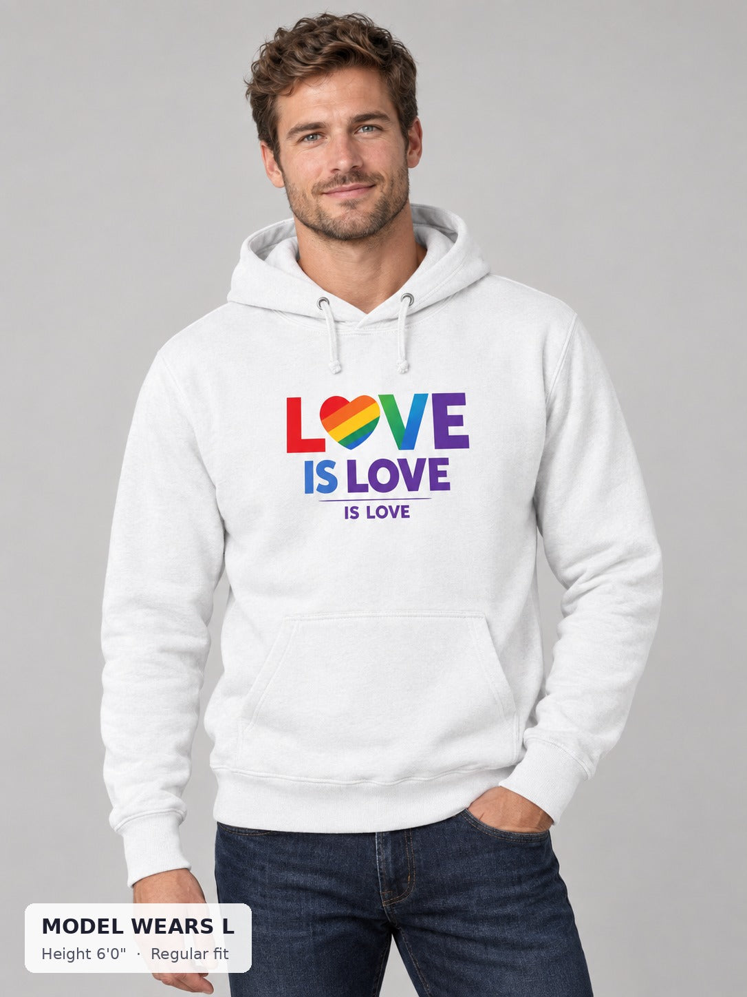 Love Is Love Rainbow Hoodie on an athletic model wearing size L, 6'0" - Good Trouble Fashion