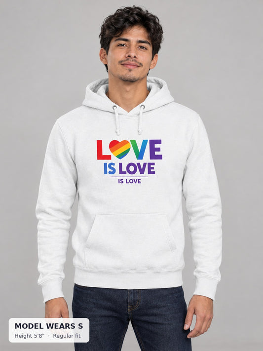 Love Is Love Rainbow Hoodie on a slim model wearing size S, 5'8" - Good Trouble Fashion