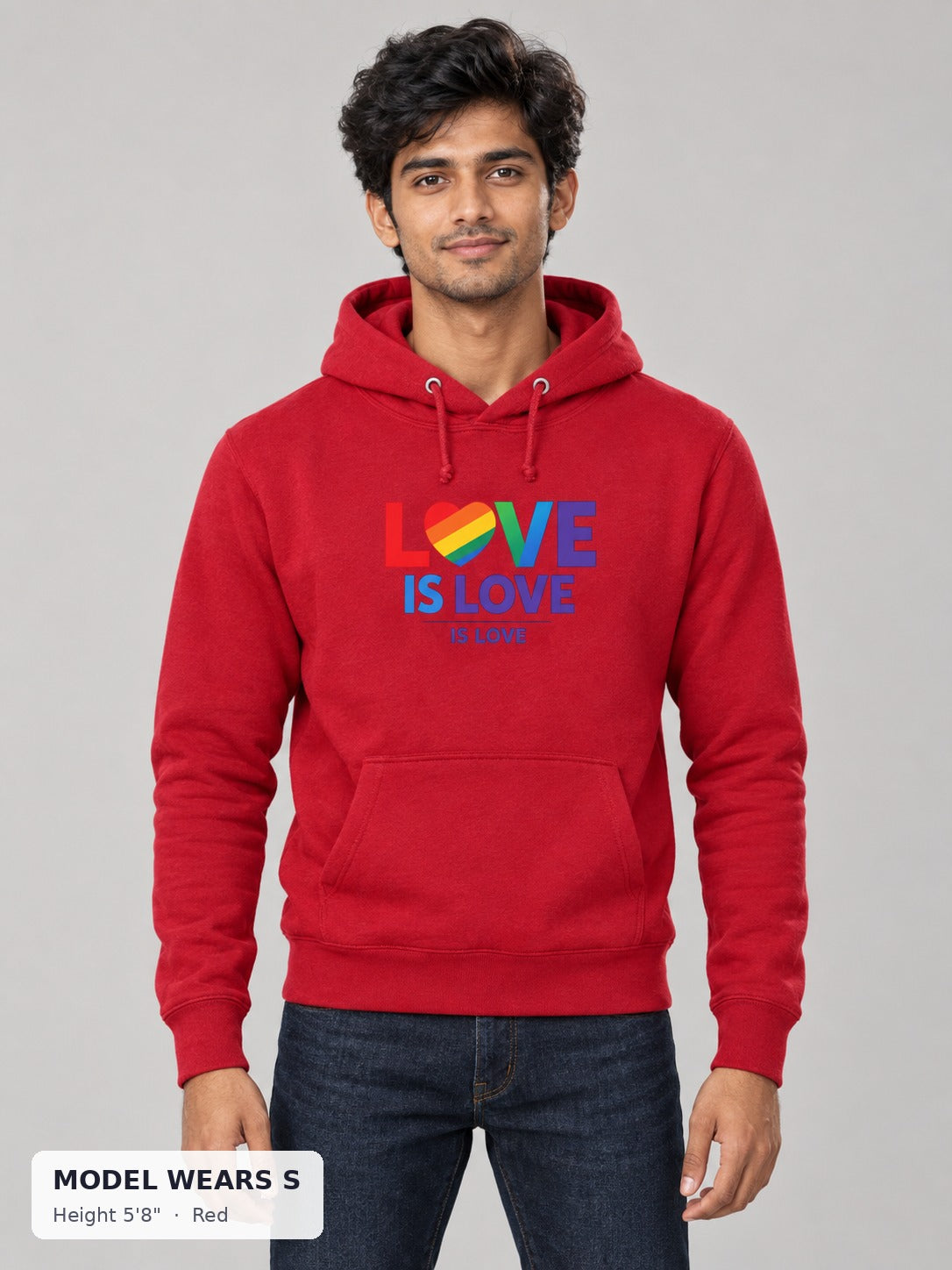 Love Is Love Rainbow Hoodie in Red on a slim model wearing size S, 5'8" - Good Trouble Fashion