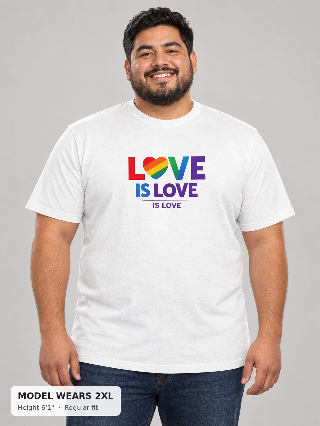 Love Is Love Rainbow Heart Tee on a plus-size model wearing size 2XL, 6'1" - Good Trouble Fashion