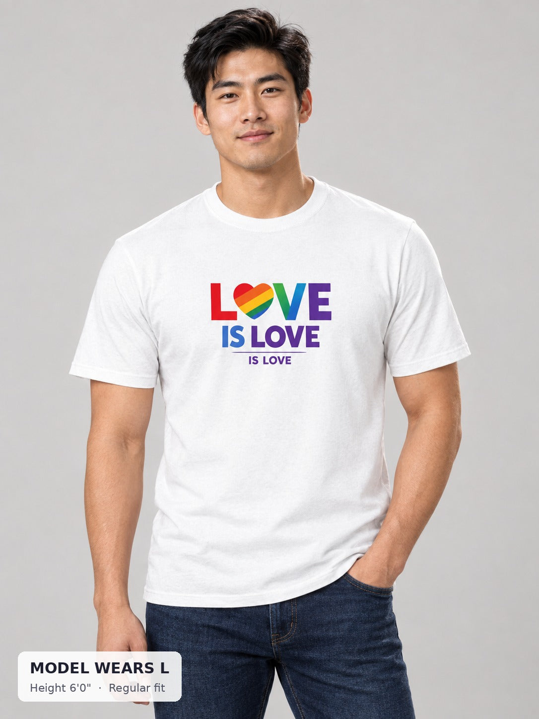Love Is Love Rainbow Heart Tee on an athletic model wearing size L, 6'0" - Good Trouble Fashion
