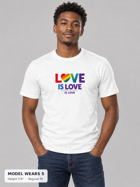 Love Is Love Rainbow Heart Tee on a slim model wearing size S, 5'8" - Good Trouble Fashion